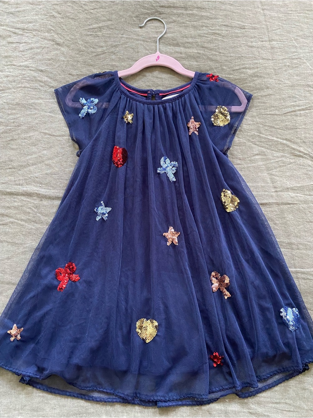 Mini Boden Navy Tulle Dress with Multicolor Sequin Shapes, 3-4Y